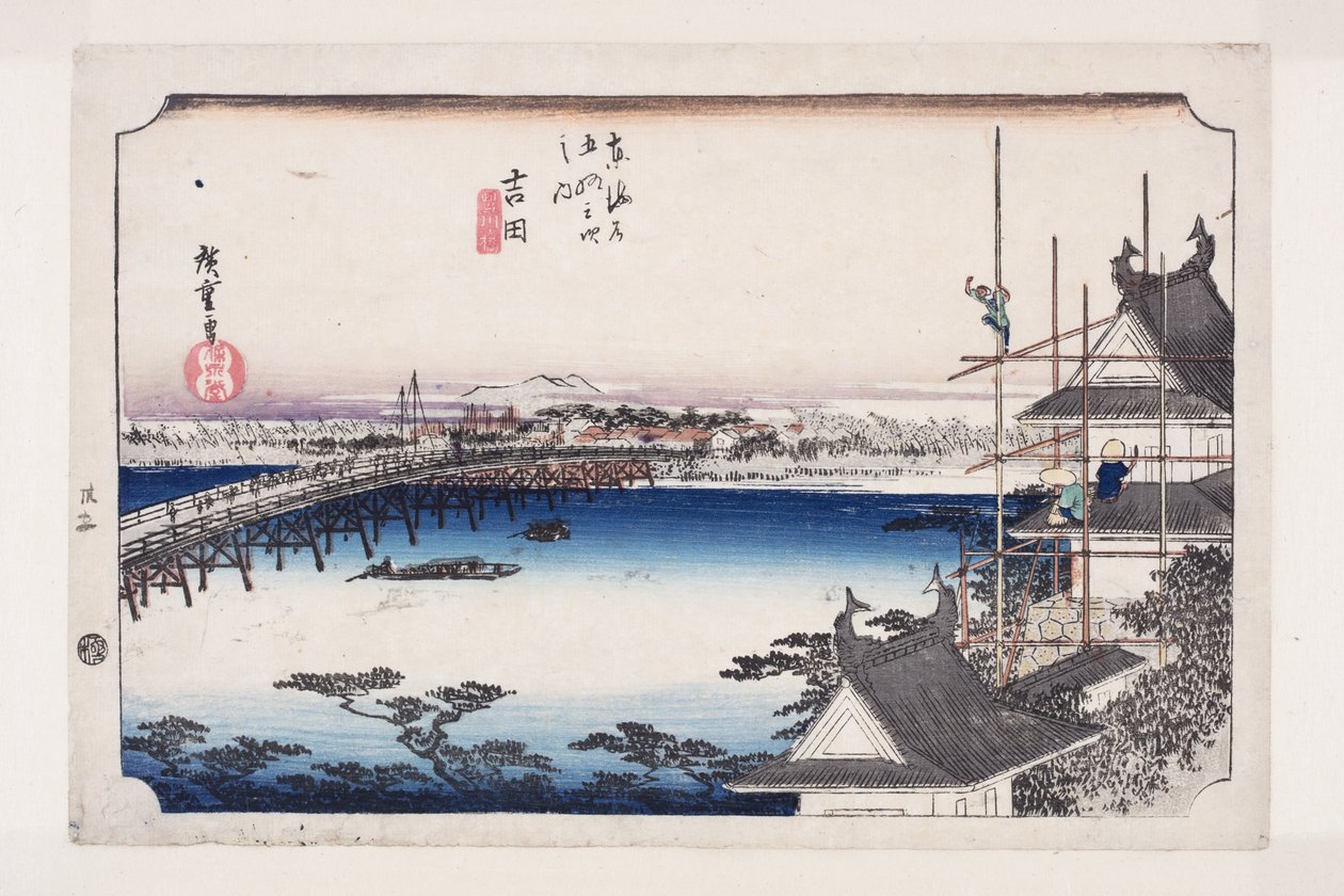 Yoshida: Tetoyokawari er B Ridge (Yoshida, Toyokawabashi) autorstwa Ando or Utagawa Hiroshige