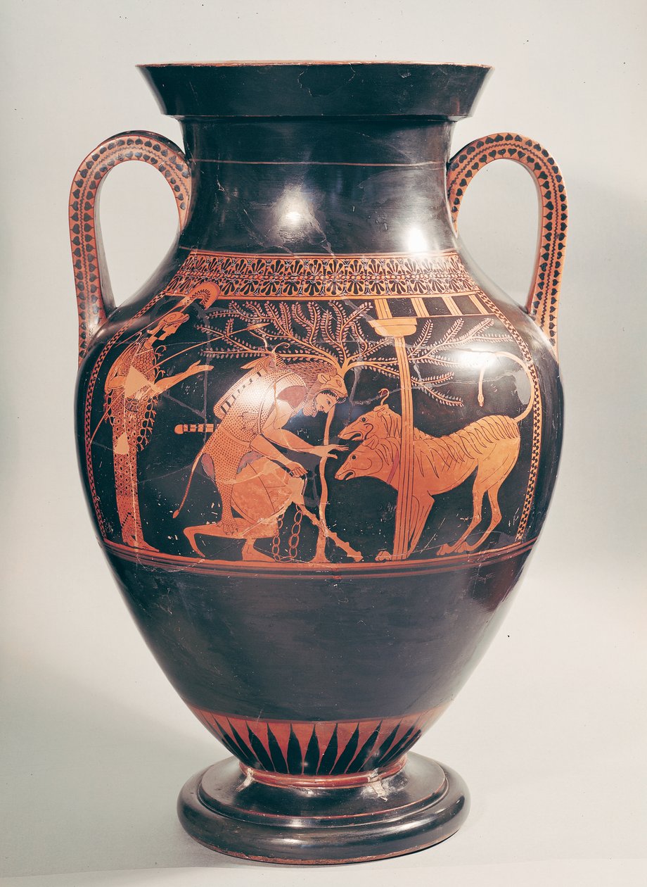 Czerwonofigurowa amfora brzuszna na strychu przedstawiająca Herkulesa chwytającego Cerbera, Grek, z Aten, VI w. p.n.e. (garncarstwo) autorstwa Andokides Painter