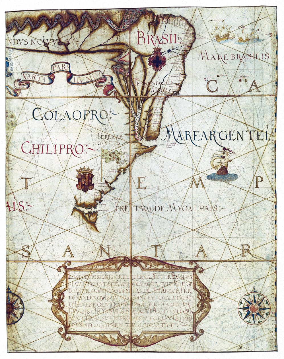 Mapa Ameryki Południowej, w Universa i Navigabilis Totius Terrarum Orbis Descriptio 1559 (kolorowy rękopis) autorstwa André Homem