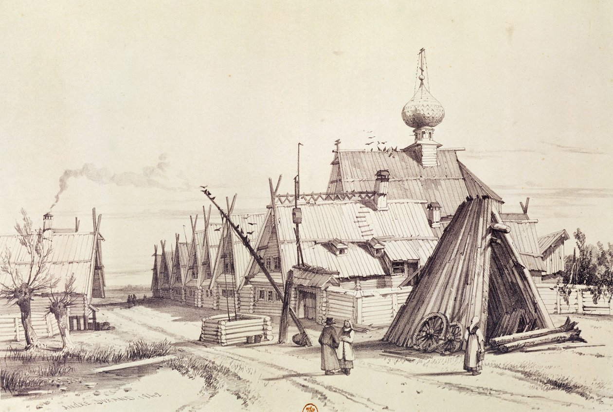 Wioska na drodze do Moskwy, ilustracja z „Malownicza podróż do Rosji”, 1839 autorstwa Andre Durand