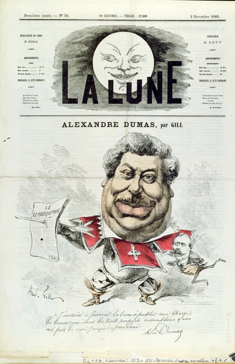 Karykatura Alexandre Dumas pere (1803-70) jako muszkietera, z pierwszej strony okładki magazynu "La Lune", 2 grudnia 1866 r. autorstwa Andre Gill