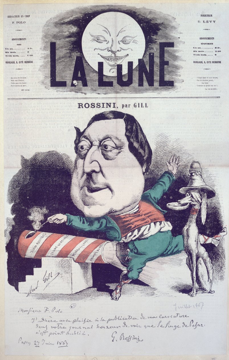 Okładka magazynu „La Lune” z karykaturą Rossiniego z przesłaniem i autografem kompozytora, 27 czerwca 1867 autorstwa Andre Gill