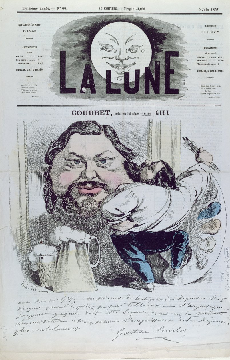 Gustave Courbet (1819-77) przed swoim autoportretem, ilustracja na okładce z magazynu "La Lune", 9 czerwca 1867 r. autorstwa Andre Gill