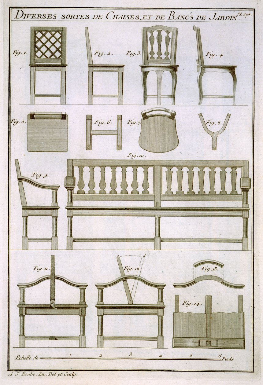 Projekty drewnianych krzeseł i ławek do ogrodu, od LArt du Menuisier, wyd. 1769-74 autorstwa Andre Jacob Roubo