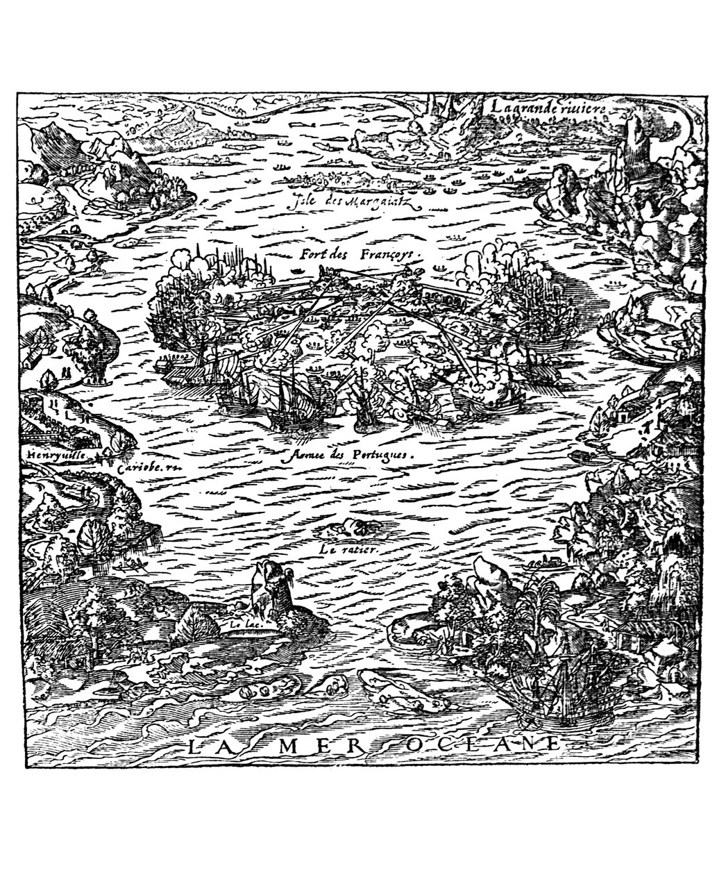 Zdobycie fortu Villegagnon z "La Cosmographie universelle" Andre Theveta, ok. 1560 r. autorstwa Andre Thevet