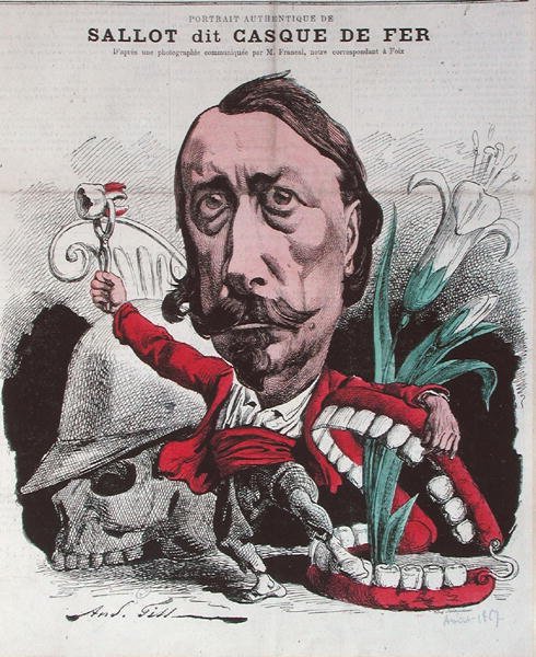 Sallot, znany jako „Casque de Fer”, z „La Lune”, grawerowany przez Marchandeux, 4 sierpnia 1867 (kolorowy grawerunek) autorstwa Andre (after) Gill