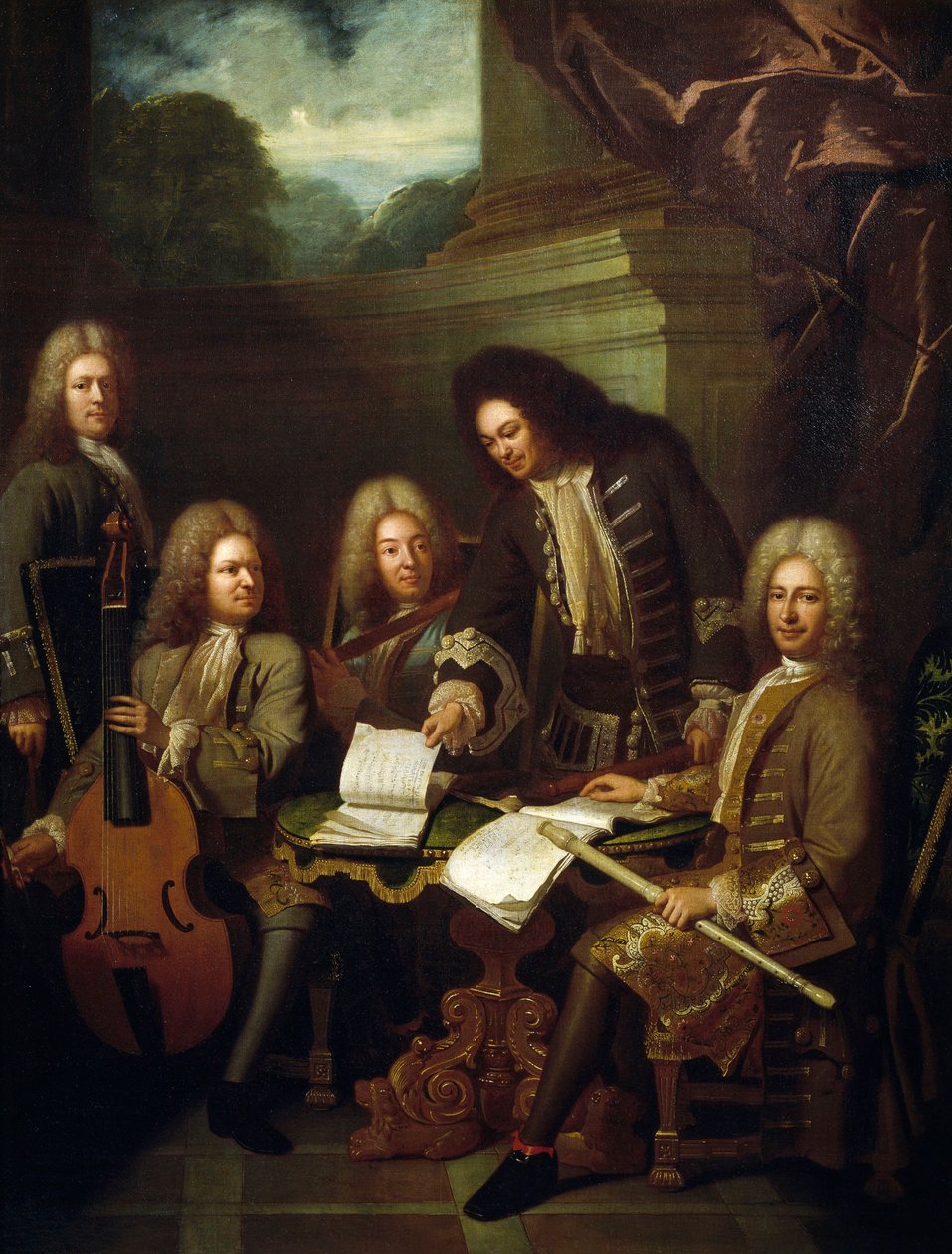Kompozytor Michel de la Barre dyryguje Marinem Maraisem i flecistami z Chamber of King autorstwa Andre Bouys