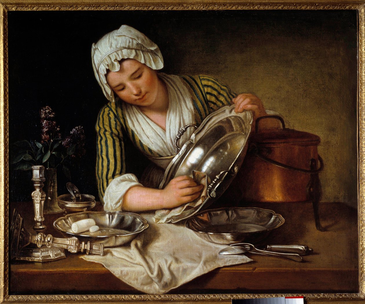 Servante asticant danie lub „” La recureuse”” Obraz Andre Bouys (1656-1740) 1737 Paryż, Sztuka dekoracyjna - Sługa domowy polerujący srebro (lub „La Recureuse””). Obraz Andre Bouys (1656-1740) autorstwa Andre Bouys