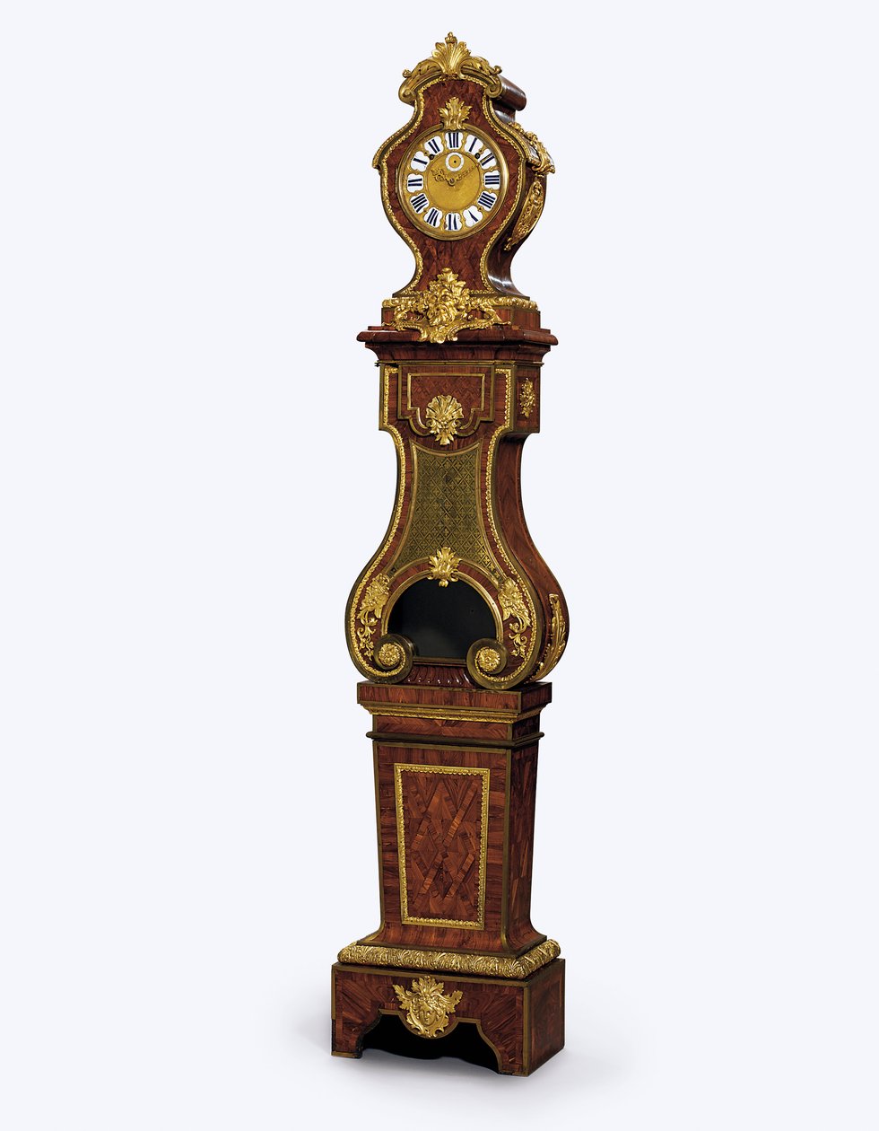 Zegar ćwierćciosowy w stylu Regency Ormolu, ok. 1720 (ormolu, mosiężna inkrustacja, przyciemniany róg i kingwood) autorstwa Andre Charles (attr. to) Boulle