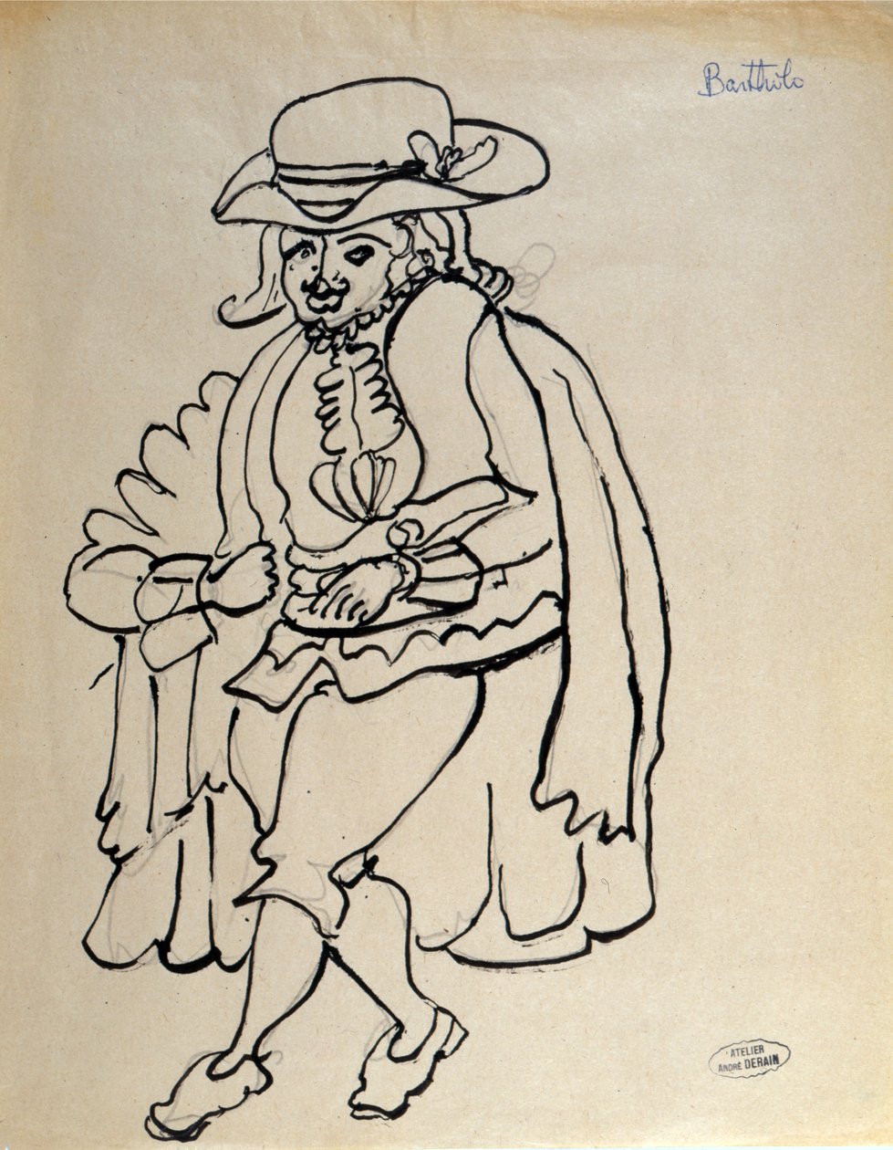 Projekt kostiumu dla Bartholo do przedstawienia "Cyrulik sewilski" w Paryżu (pióro i tusz oraz ołówek na papierze) autorstwa Andre Derain