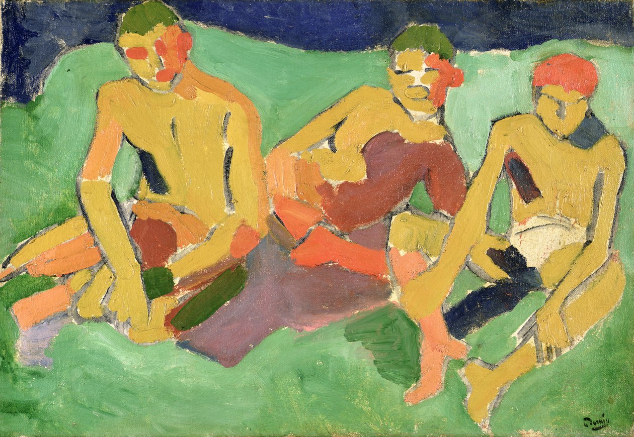 Trzy postacie siedzące na trawie (olej na płótnie) autorstwa Andre Derain