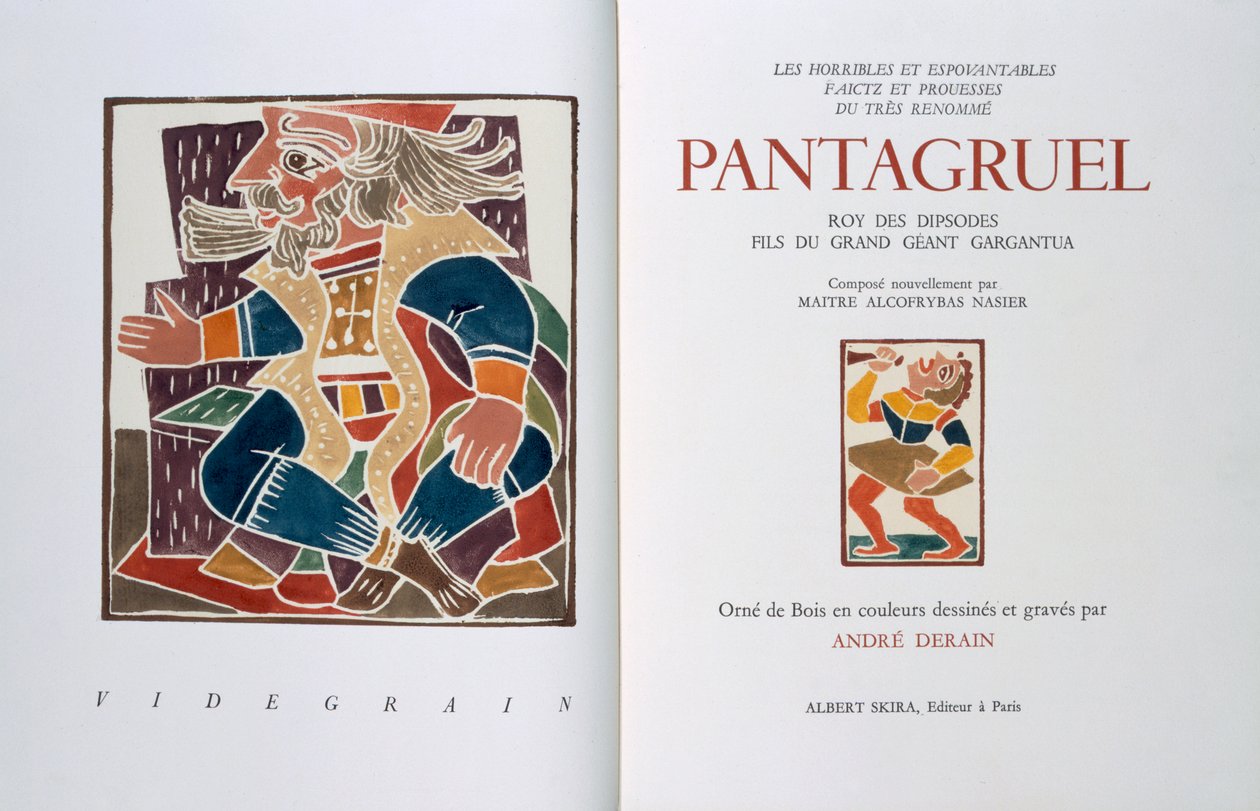 Strona tytułowa "Les horribles et espouvantables faictz et prouesses du tres renomme Pantagruel, Roy des Dipsodes, fils du grand geant Gargantua. Compose nouvellement par Maitre Alcofybras Nasier", autor: Francois Rabelais (ok. 1494-1553) 1943 (drzeworyt) autorstwa Andre Derain
