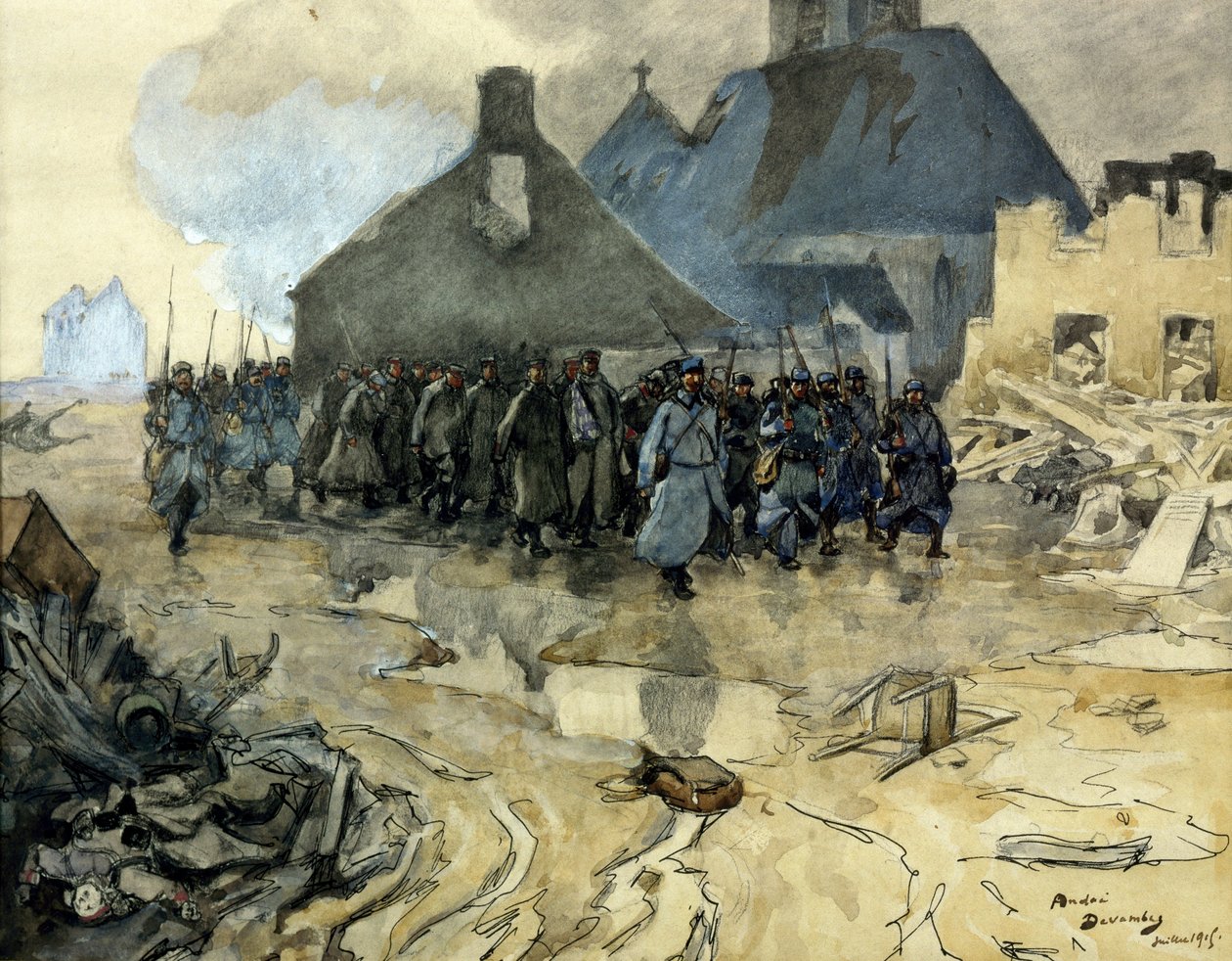 I wojna światowa: powrót patrolu, lipiec 1915 (eau forte) autorstwa Andre Devambez