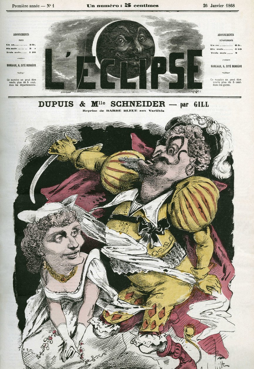 Beard-Bleue, jedzenie operowe z muzyką Offenbacha w teatrze Varietes, z Dupuisem jako „Beard-Bleue” i Hortense Schneider jako Boulotte. Okładka w „L