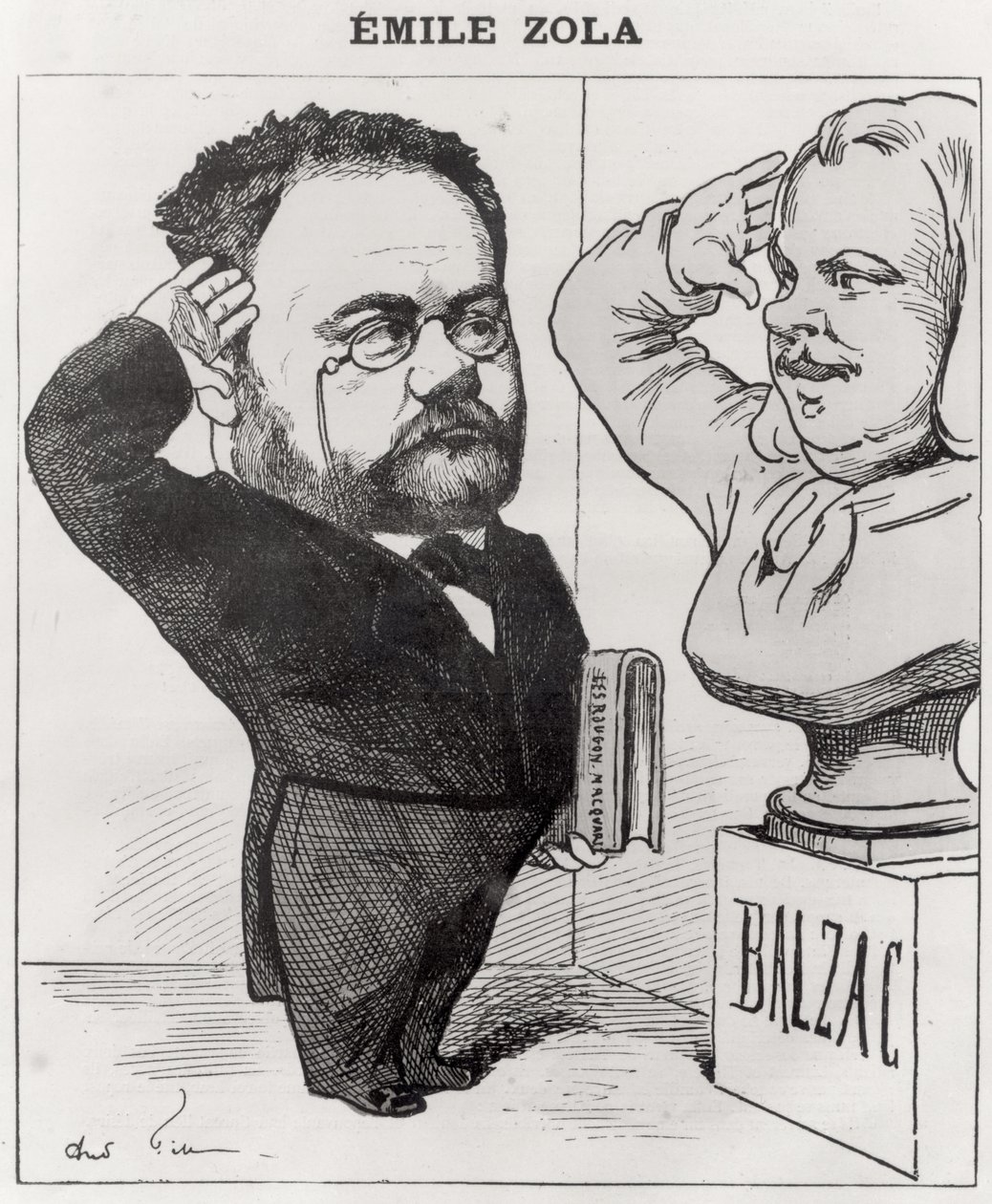 Karykatura Emila Zoli (1840-1902) Pozdrawiając Popiersie Honore de Balzac (1799-1850) 1878 autorstwa Andre Gill