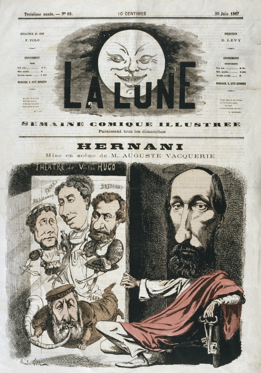 Karykatura „Hernaniego” napisana przez Victora Hugo i wyreżyserowana przez Auguste Vacquerie, ilustracja z okładki „La Lune”, 30 czerwca 1867 autorstwa Andre Gill