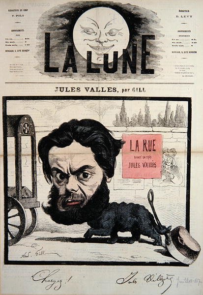 Ilustracja karykatury Julesa Vallesa z okładki magazynu „La Lune”, lipiec 1867 (kolor lito) autorstwa Andre Gill