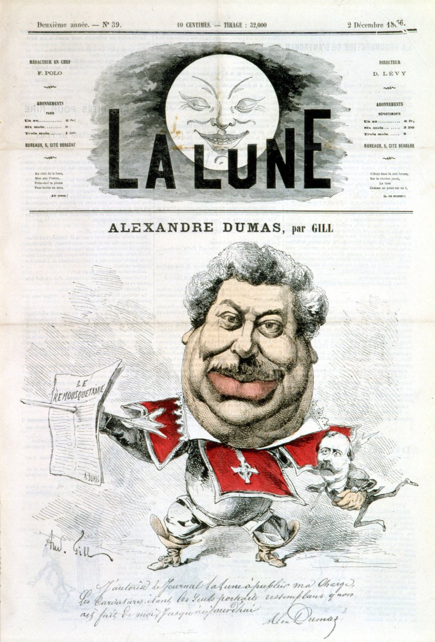 Rysunek i autograf autorstwa Alexandre Dumas - autorstwa Gilla w „La Lune” z 02.12.1866 autorstwa Andre Gill