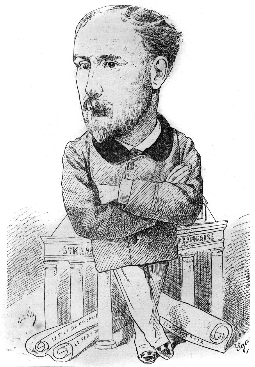 Karykatura Alberta Delpita (1849-1893), francuskiego powieściopisarza. Rysunek autorstwa Andre Gilla. Grawerowanie w „”Le Monde Illustré”” autorstwa Andre Gill