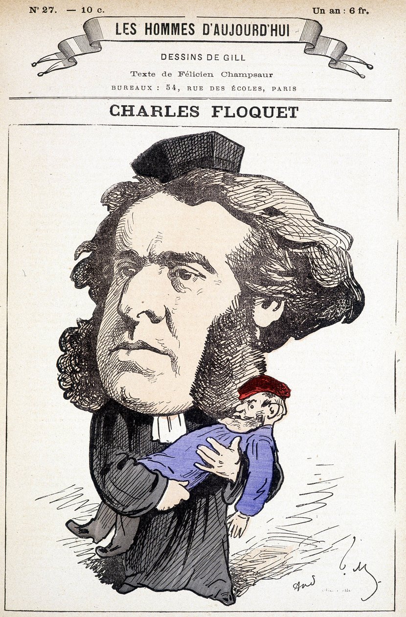 Karykatura Charlesa Floqueta (1828-1896), prawnika i przewodniczącego Rady w latach 1888-1889. W pojedynku zranił generała Boulangera, którego idee walczył. Rysunek Gilla w „The Men of Today””. autorstwa Andre Gill