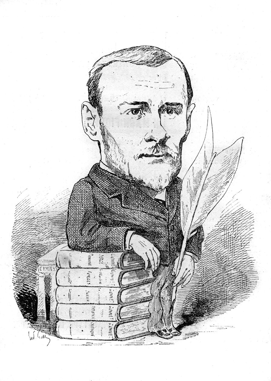 Karykatura Georgesa Ohneta (1848-1918), francuskiego pisarza reprezentującego swoimi książkami i piórem. Rysunek autorstwa Andre Gilla. Grawerowanie w „”Le Monde Illustré”” autorstwa Andre Gill