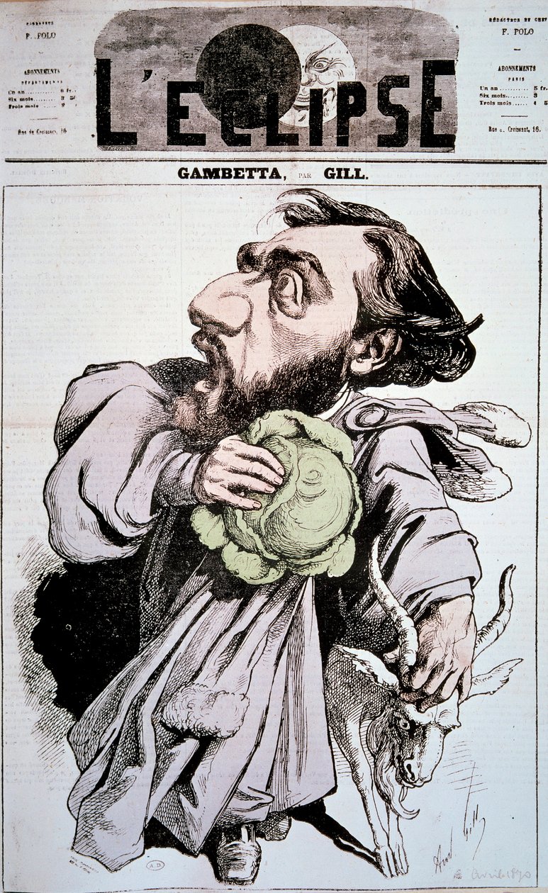 Karykatura przedstawiająca Leona Gambettę (1838-1882), francuskiego polityka. Rysunek Andre Gilla (1840-1885) w „” L