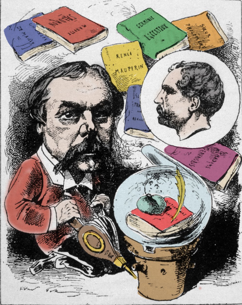 Karykatura przedstawiająca francuskiego pisarza Edmonda de Goncourta (1822-1896). Rysunek autorstwa Gilla opublikowany w „”L