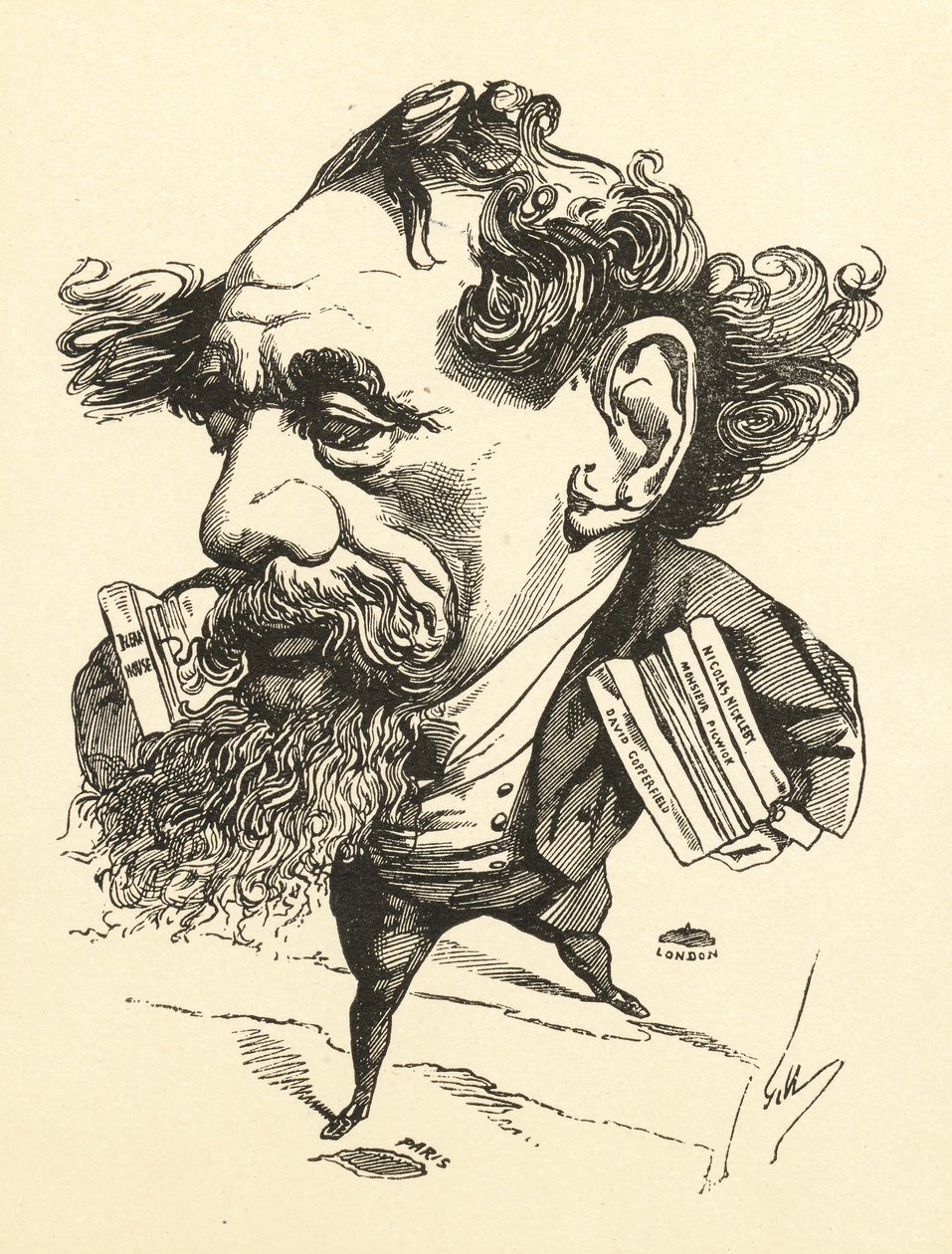 Karykatura Charlesa Dickensa przekraczającego kanał angielski, 1868 autorstwa Andre Gill