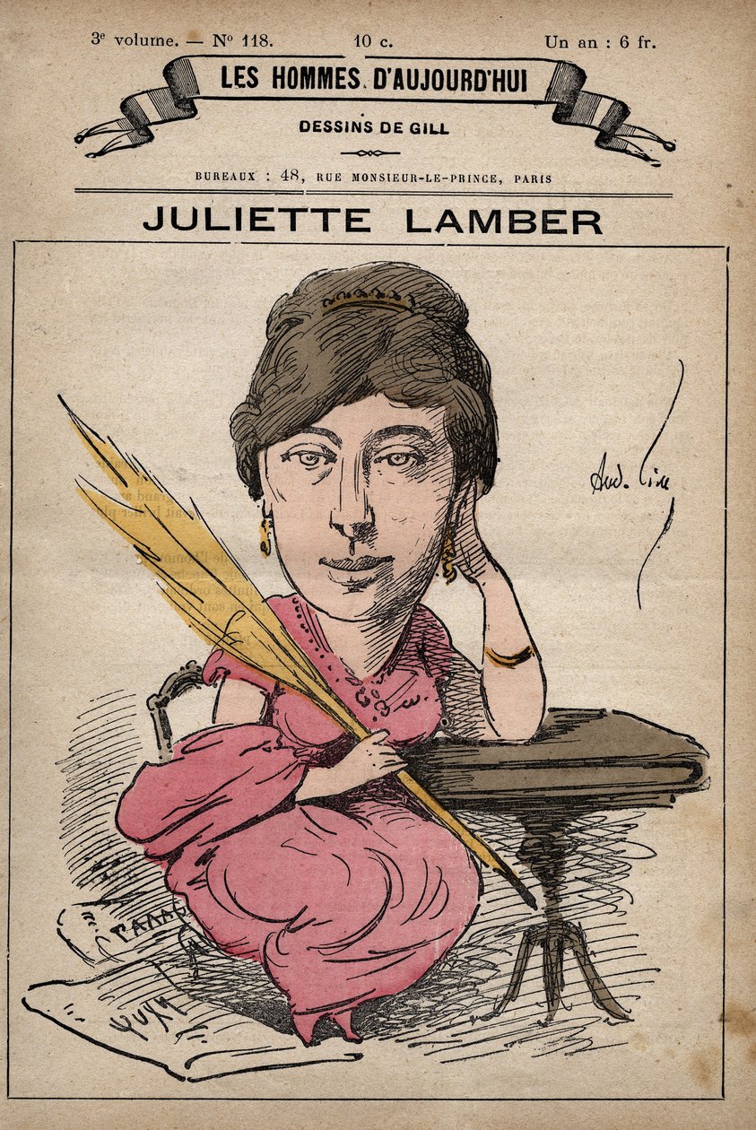Karykatura Juliette Adam Lambert 1836-1936 francuskiej pisarki i feministki - z „Les Hommes d