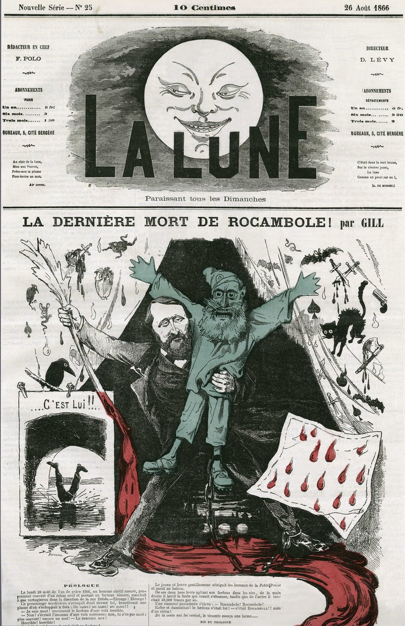 Karykatura „La last mort de Rocamole”” i jej autora, Pierre Alexis Ponson du Terrail (1829-1871). Karykatura Gilla, w „Księżycu”, 26 sierpnia autorstwa Andre Gill