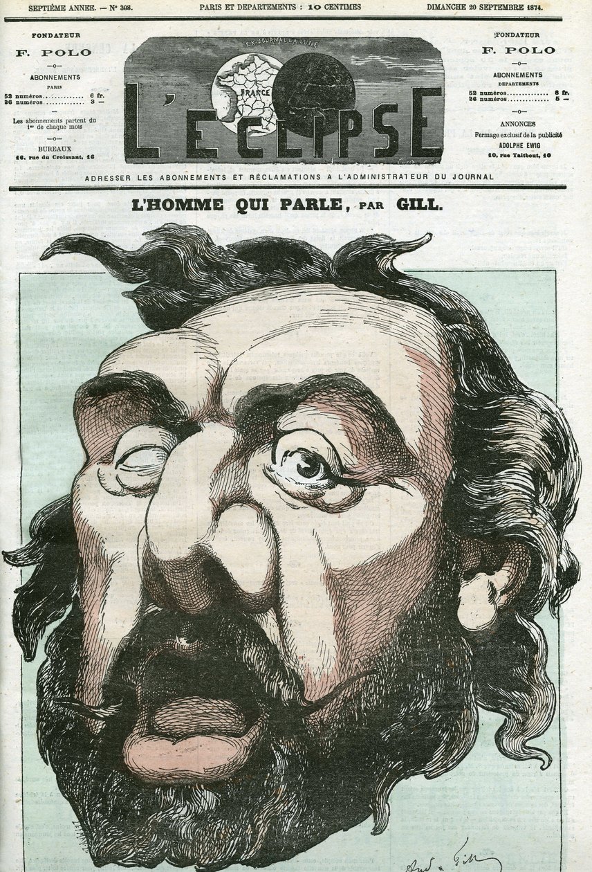 Karykatura „człowieka, który mówi””, Leon Gambetta (1838-1882), polityk francuski. Okładka w „L