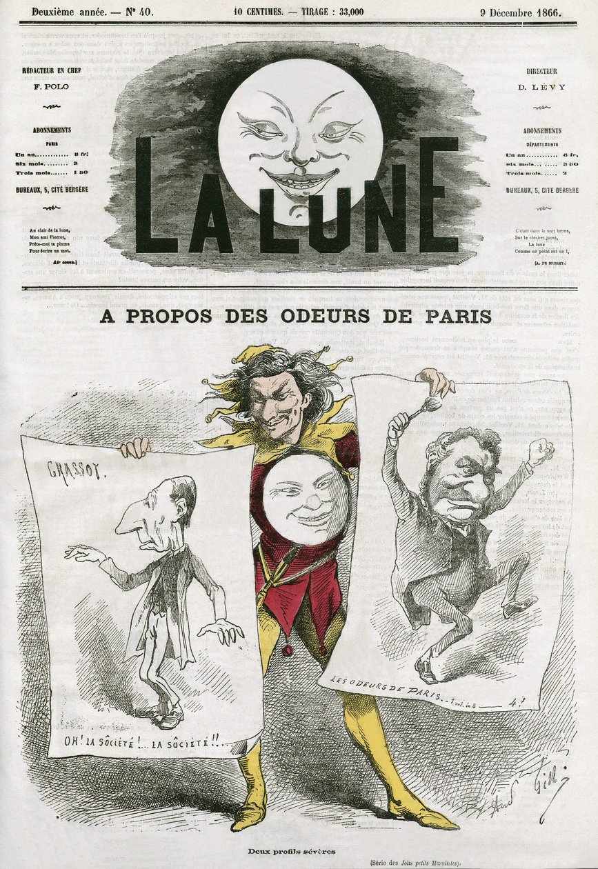 Rysunek na książce „Les Odeurs de Paris” Louisa Veuillota (1813-1883), francuskiego pisarza. Karykatura Gilla, w „Księżycu”, 9 grudnia autorstwa Andre Gill
