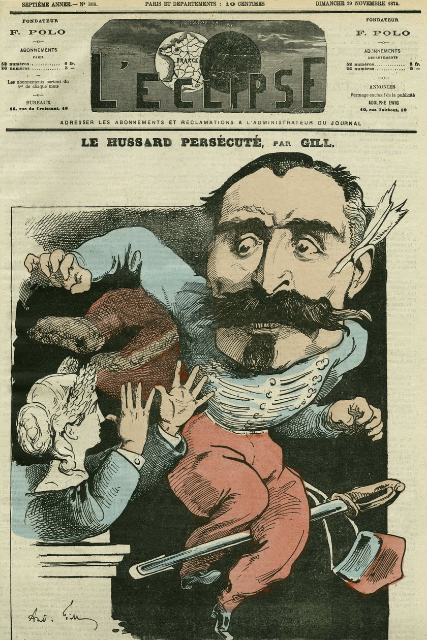 Karykatura „” prześladuje husarię (przez Marianne robi sobie nos), Monsieur de Saint-Genest (Saint Genest). Okładka w „”Zaćmieniu”” autorstwa Gilla, 29 listopada autorstwa Andre Gill