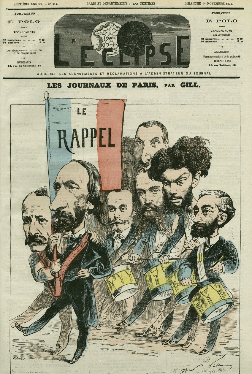 Karykatura „”odwołanie”” Republique przez gazety paryskie, z Paulem Meurice (1818-1905), Augustem Vacquerie (1819-1895), Gaulierem, Blumem, Lefevrem, D