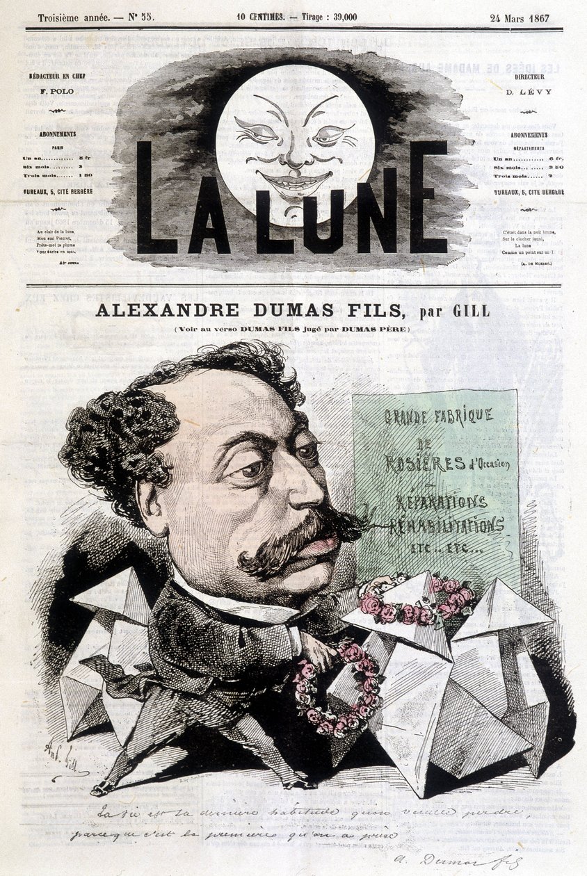 Komiks rysujący na Alexandre Dumas Fils autorstwa Gilla. Okładka „La Lune” z 24.03.1867. autorstwa Andre Gill