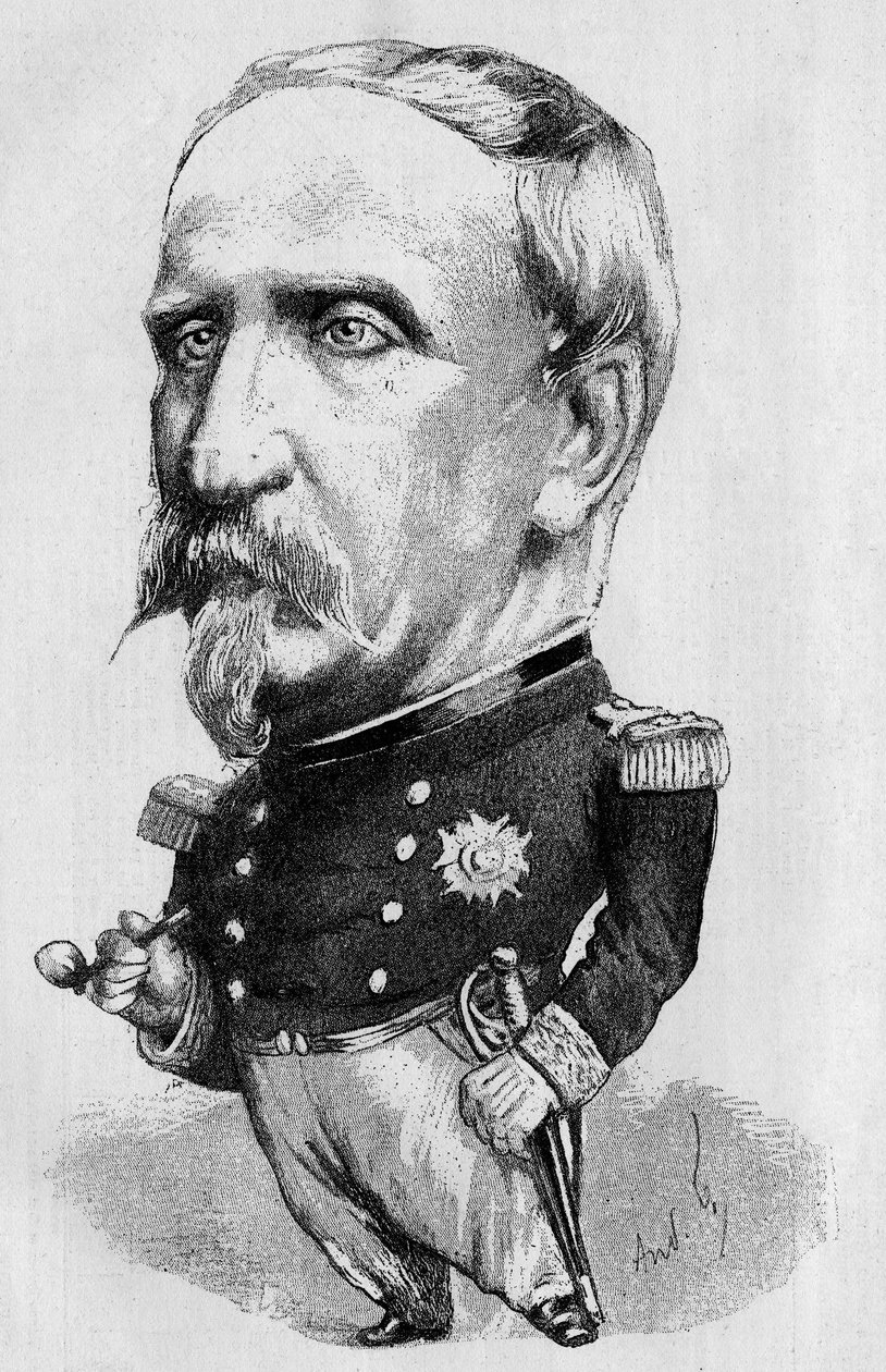 Rysunek Andre Gilla reprezentującego księcia Aumale (1822-1897), francuskiego polityka i historyka, członka Akademii Francuskiej. Grawerowanie w „”Świat znakomity”” 1885 autorstwa Andre Gill
