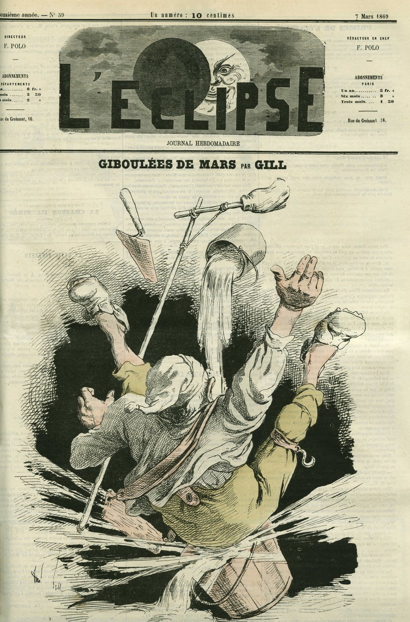 Giboulees de mars, ilustracja przedstawiająca mężczyznę wpadającego do wiadra. Okładka w „” L
