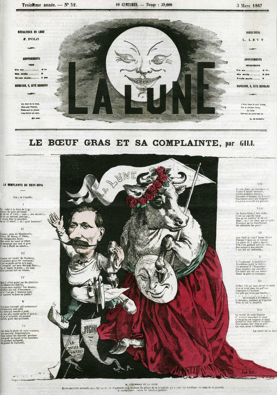 Le Boeuf gras et sa lament, ilustracja pieśni. Karykatura Gilla, w „La Lune”, 3 marca autorstwa Andre Gill