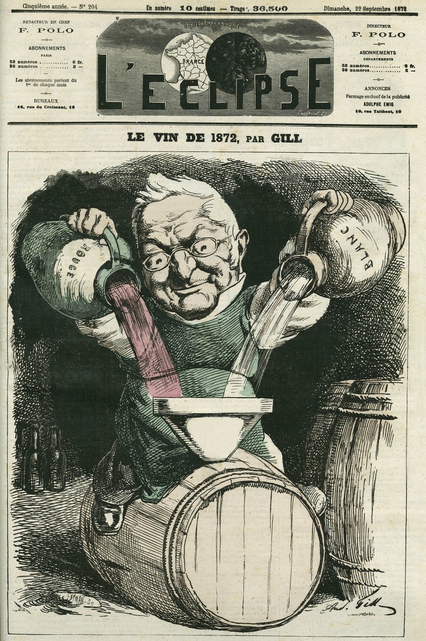 Le vin de 1872, ilustracja autorstwa Adolphe Thiersa mieszającego białe i czerwone wino (1797-1877), francuskiego historyka i męża stanu. Okładka w „” L