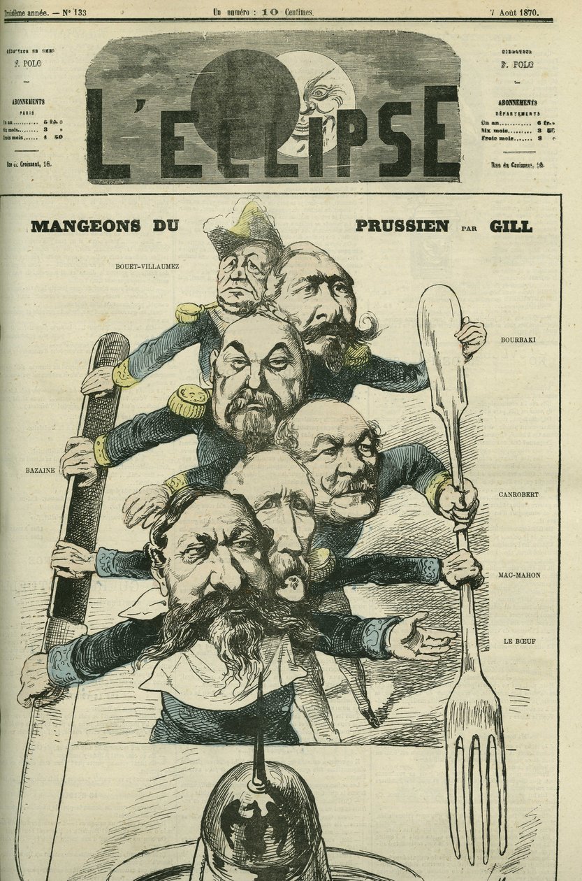 Zjedzmy Prusaków z generałami Le Boeuf (1806-1893), Mac-Mahon (1808-1893), Francois Achille Bazaine (Francois-Achille autorstwa Andre Gill