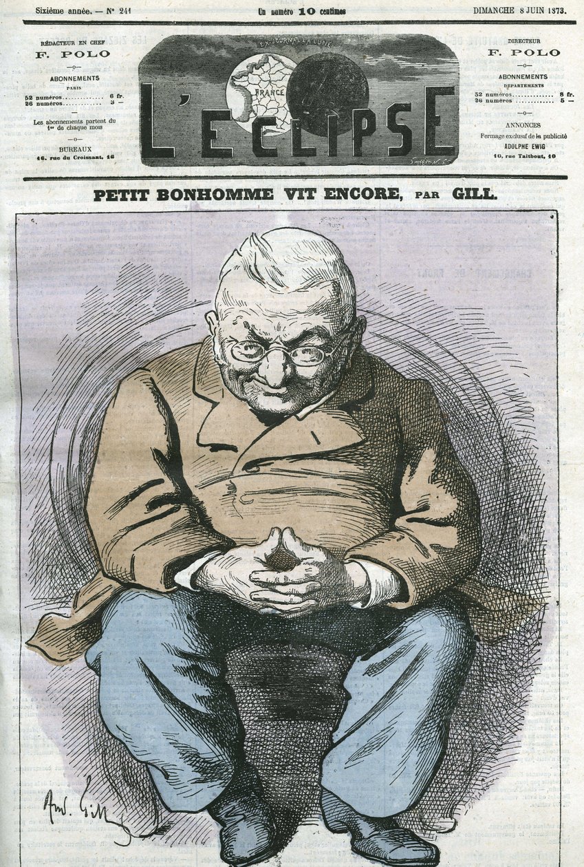 Mały człowiek wciąż żyje, rysunkowy Adolphe Thiers (1797-1877), francuski mąż stanu. Okładka w „” L