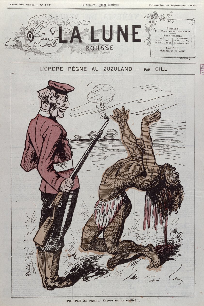 „Order Reigns in Zuzuland”, karykatura angielskiej kolonizacji RPA z „La Lune Rousse”, 1879 autorstwa Andre Gill