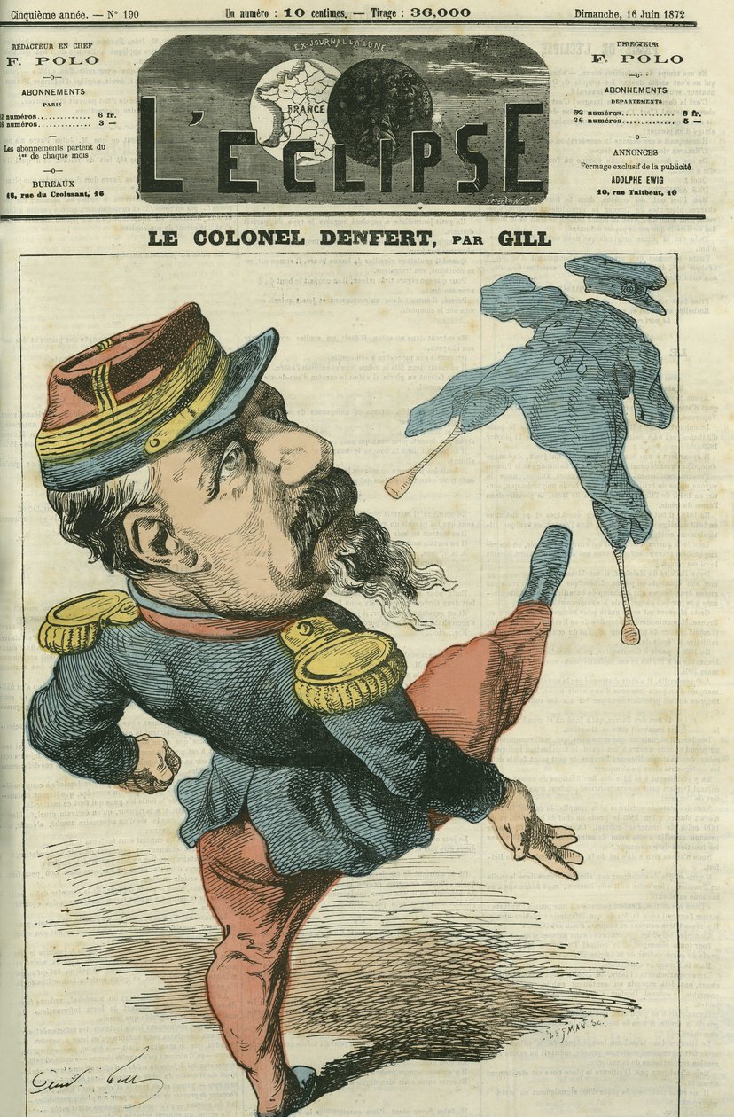 Pierre Philippe Denfert-Rochereau (Denfert Rochereau) (1823-1878), francuski żołnierz i polityk. Okładka w „”Zaćmieniu””Gill, 16 czerwca autorstwa Andre Gill