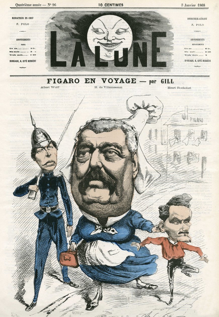 Portret Alberta Wolffa, Hippolyte de Villemessant (1812-1879) i Henri Rochefort (1831-1913), dziennikarzy w Figaro. Karykatura Gilla, w „Księżycu”, 3 stycznia autorstwa Andre Gill