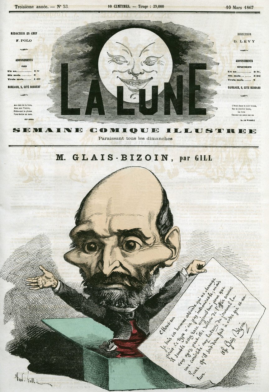 Portret Alexandre Glais-Bizoin (1800-1877), francuskiego polityka i założyciela gazety „La Tribune”. Karykatura Gilla, w „La Lune”, 10 marca autorstwa Andre Gill