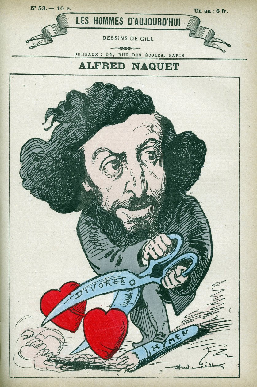 Portret Alfreda Naqueta (1834-1916), francuskiego lekarza, chemika i polityka, w 1884 r. przywrócił prawo zezwalające na rozwód. Karykatura Gilla, Paryż. autorstwa Andre Gill