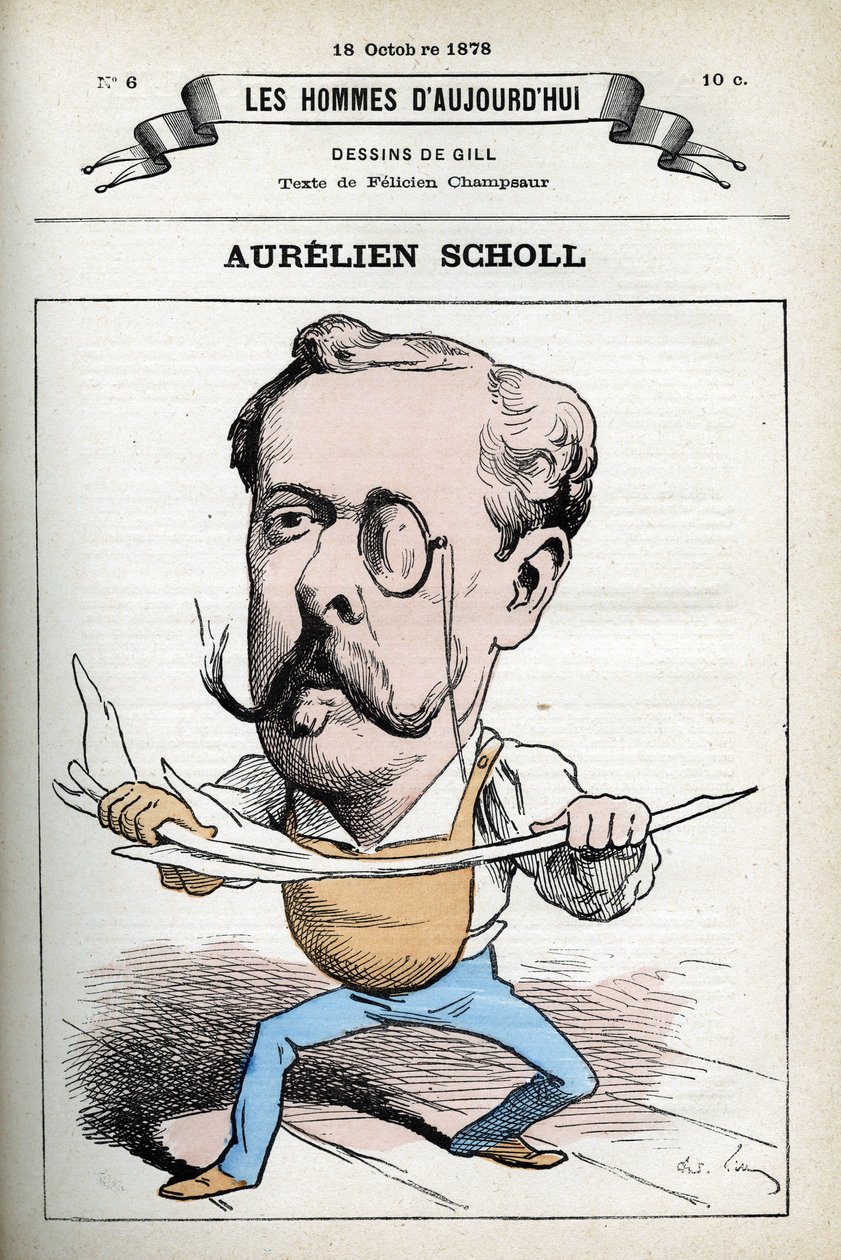 Portret Aureliena Scholl (1833-1902), francuskiego dziennikarza, pisarza i komika. Karykatura autorstwa Gilla, Paryż. autorstwa Andre Gill