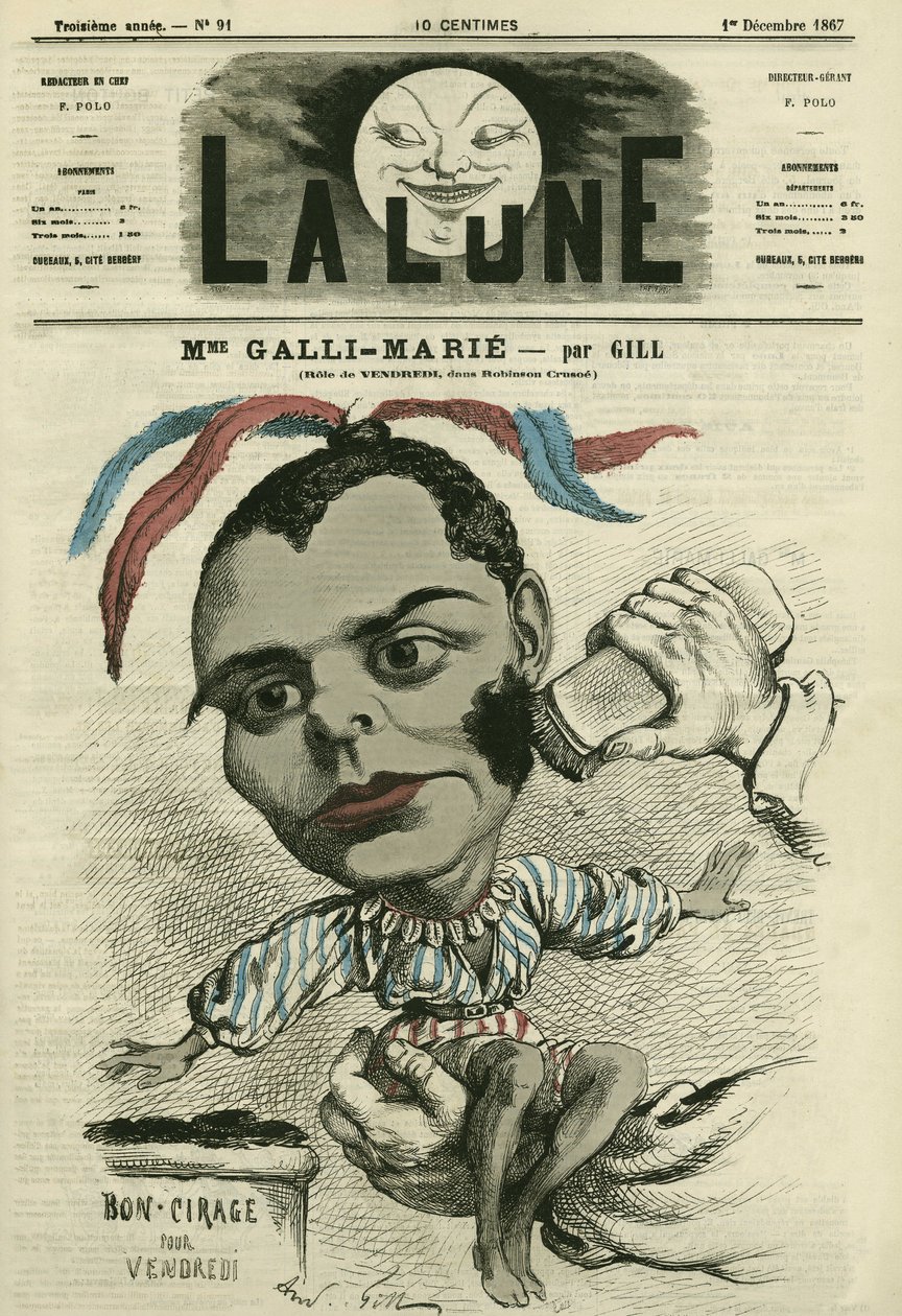 Portret Celestyny Galli-Marie (Galli Marie) (1840-1905), francuskiej śpiewaczki dla Opera-Comique. Karykatura Gilla, w „La Lune”, 1 grudnia autorstwa Andre Gill