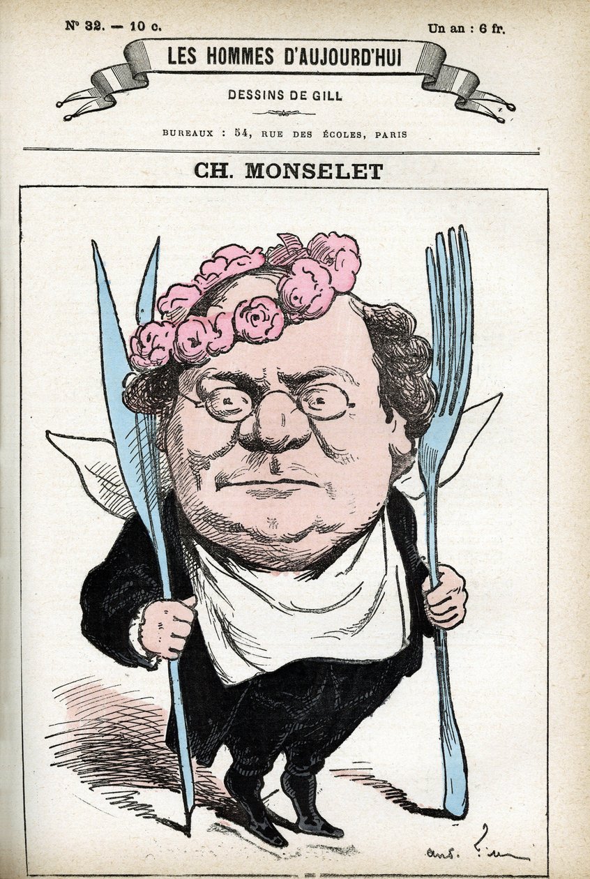 Portret Charlesa Monseleta (1825-1888), francuskiego poety, dziennikarza, powieściopisarza i gastronomii. Karykatura Gilla, w „Les Homme d