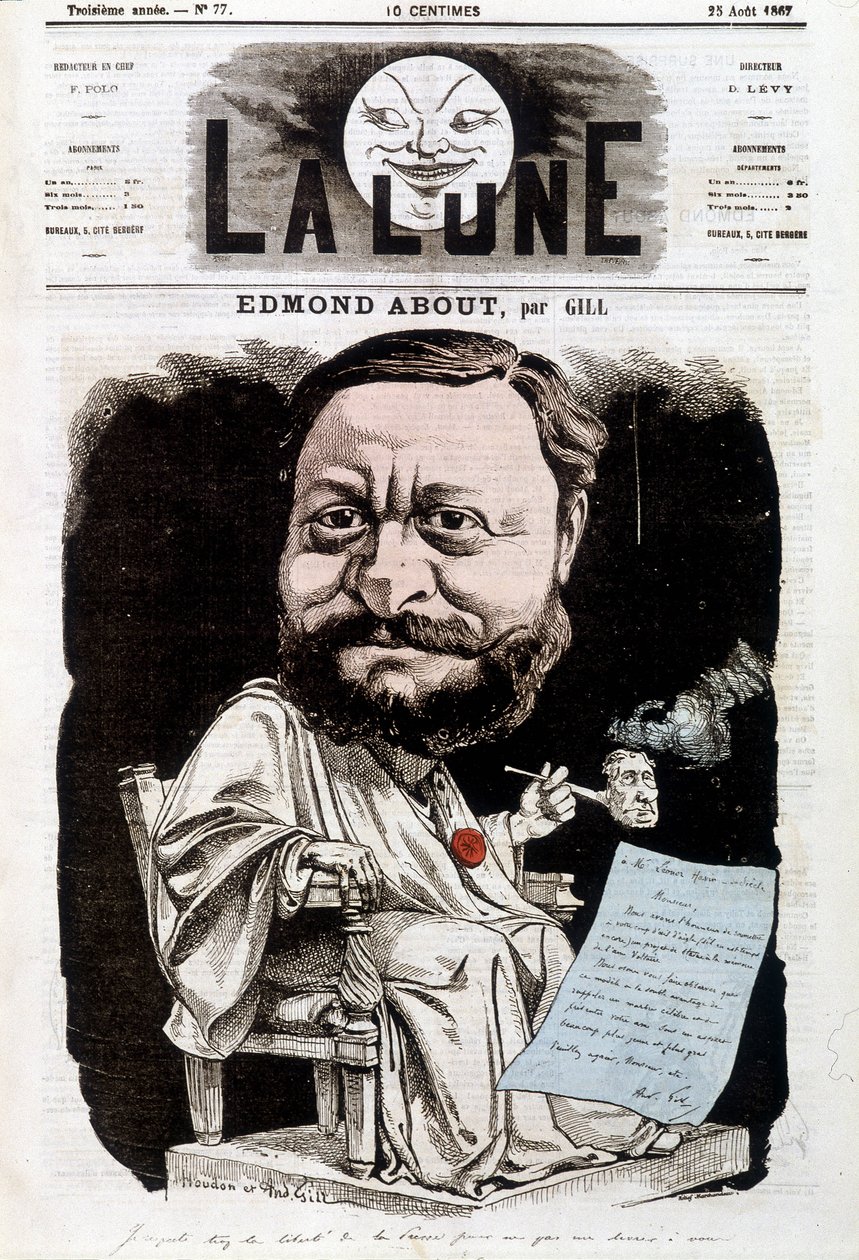 Portret Edmonda About, francuskiego pisarza (1828-1885). W La Lune, 25.08.1867. Karykatura autorstwa Gilla. autorstwa Andre Gill